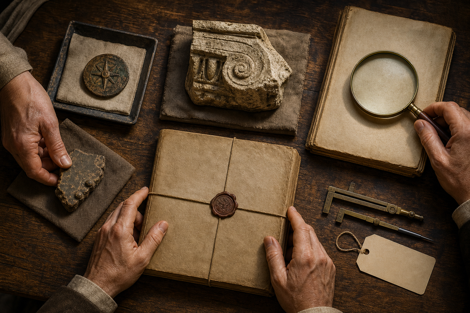 A scholar compares coins, an architectural fragment, an archival folio, a manuscript, and measuring tools on a research table.