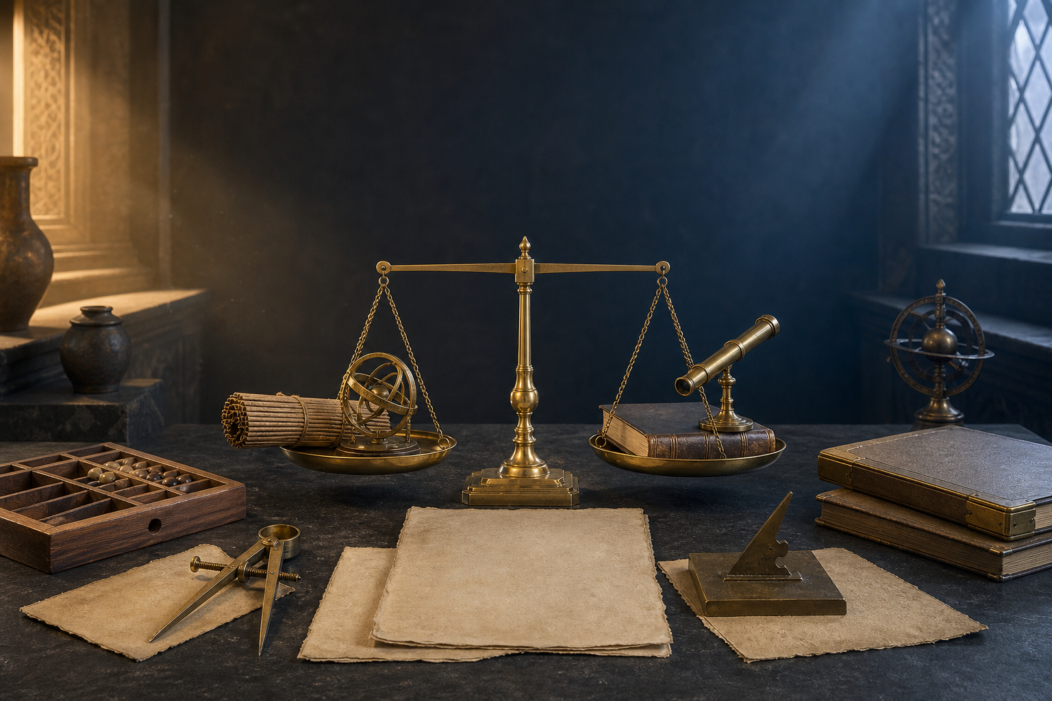 A level brass balance stands between Indian manuscript and astronomy objects and European scientific instruments on a museum-like table.