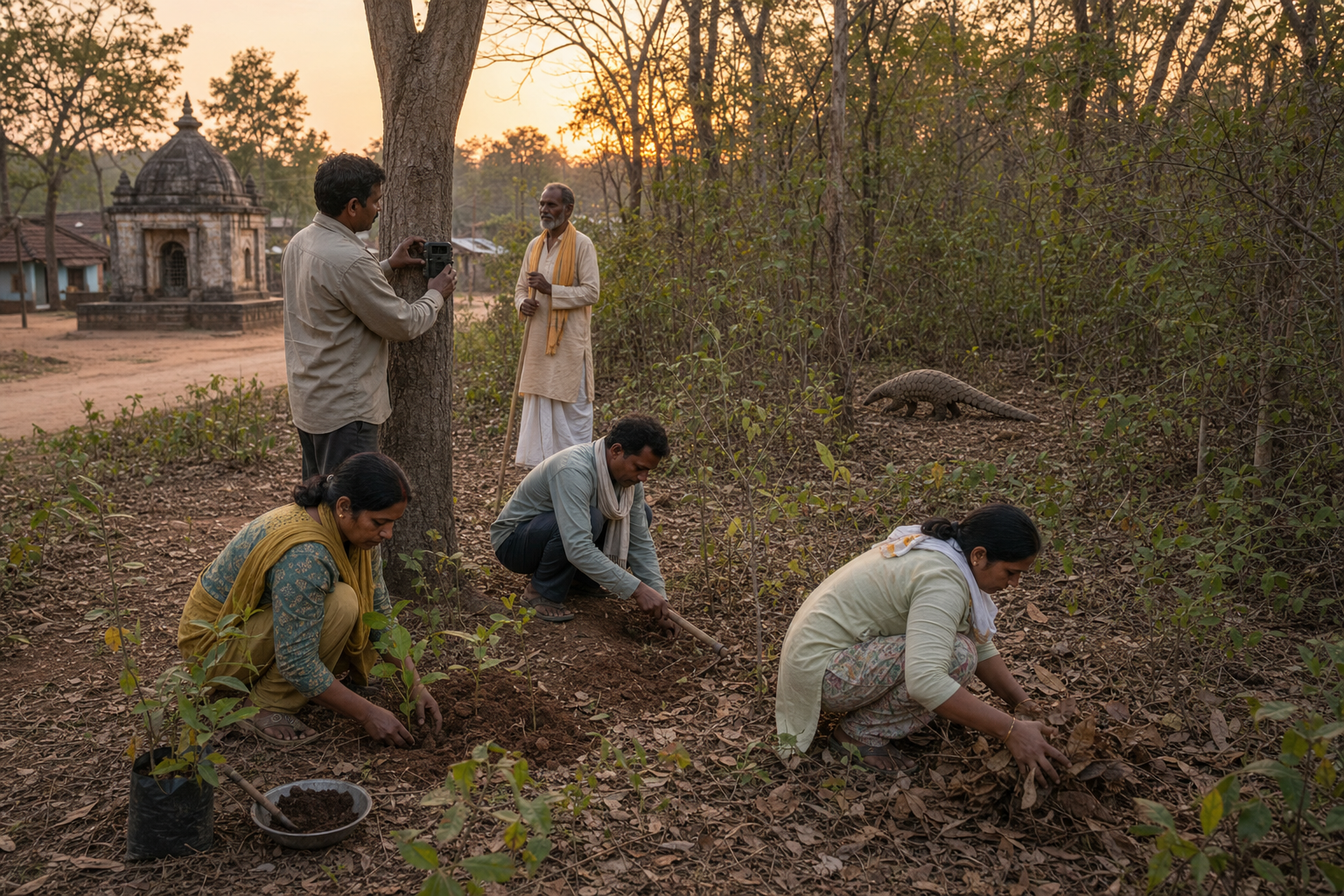 Community forest stewards restore native vegetation near a small shrine while a wild Indian pangolin moves through the protected woodland in the distance.