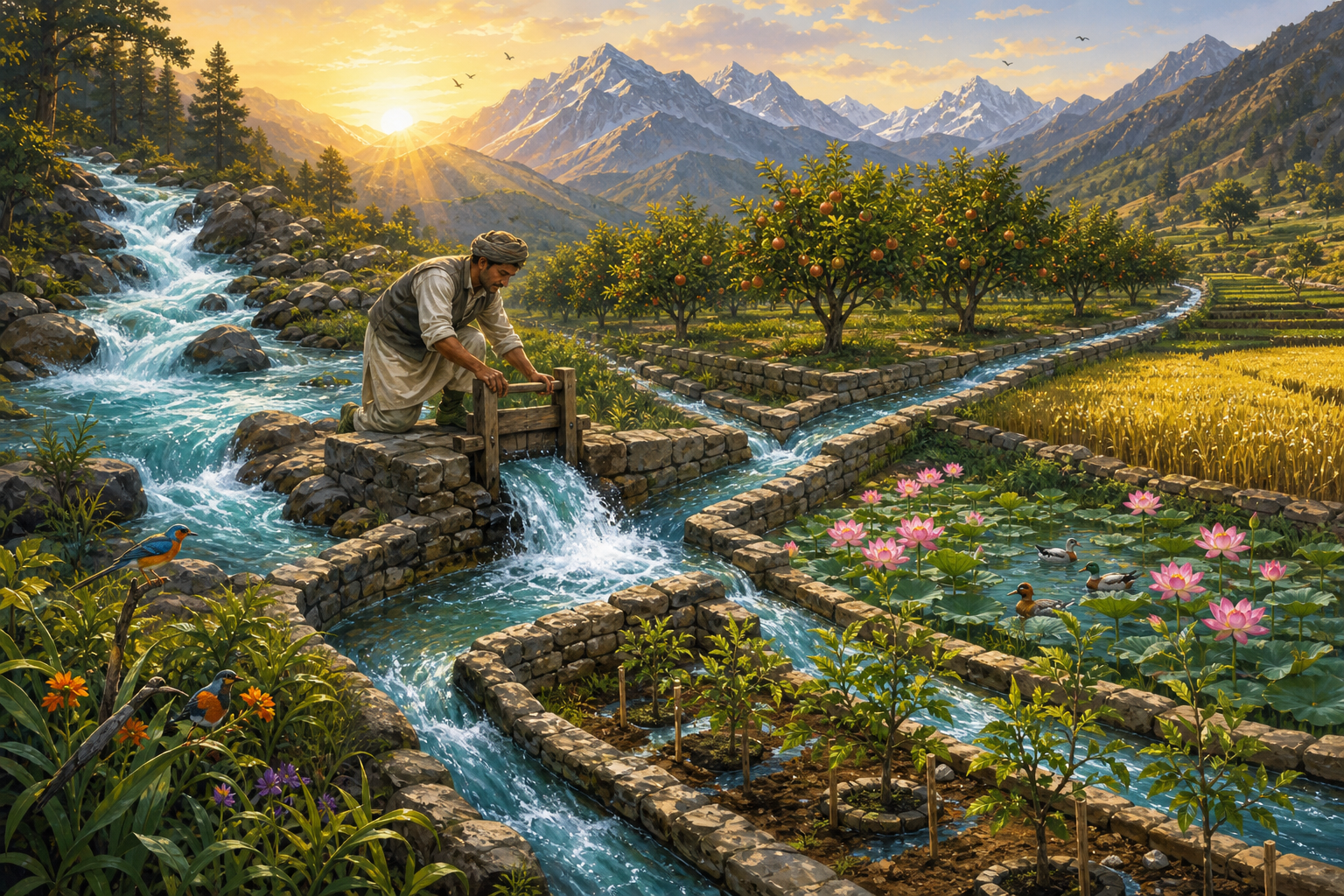A gardener guides a vigorous mountain stream through stone channels that nourish an orchard, lotus pond, fields, and young trees.