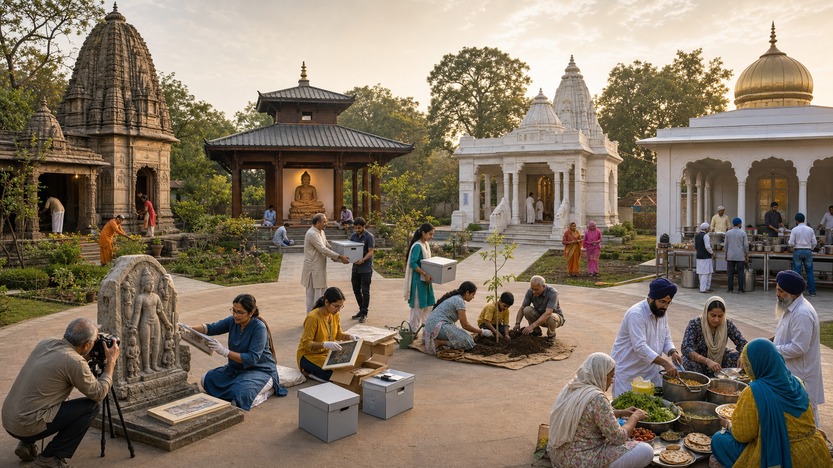 Hindu, Buddhist, Jain, and Sikh volunteers work together on preservation, gardening, documentation, and a community meal in a shared courtyard.