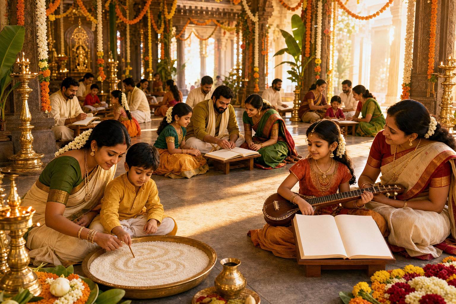 Families and teachers gather in a decorated temple hall as children begin writing and music lessons on Vijayadashami morning.