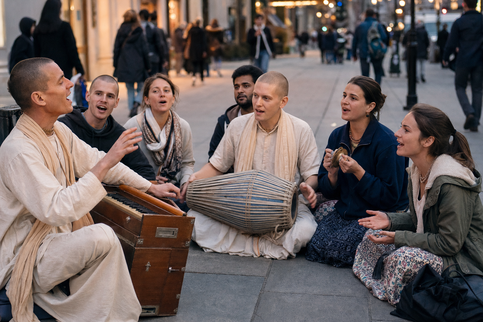 A lead singer faces a semicircle of kirtan participants who listen and prepare to answer while musicians play a mridanga drum and brass cymbals.