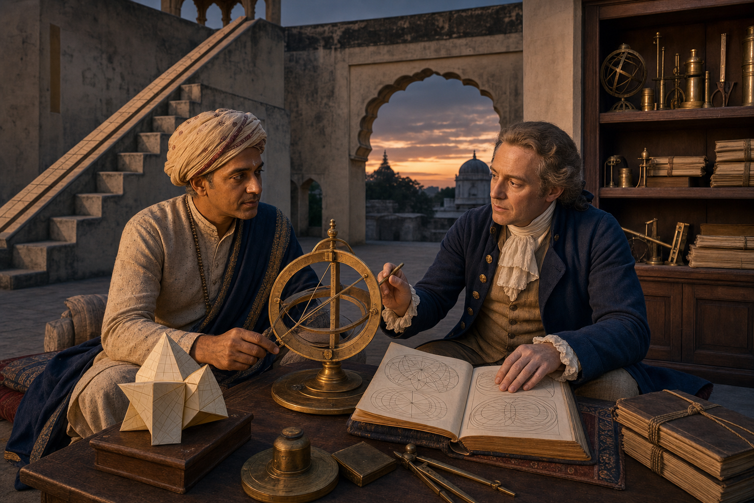 An Indian astronomer and a European scholar examine a brass celestial instrument together in an observatory courtyard.