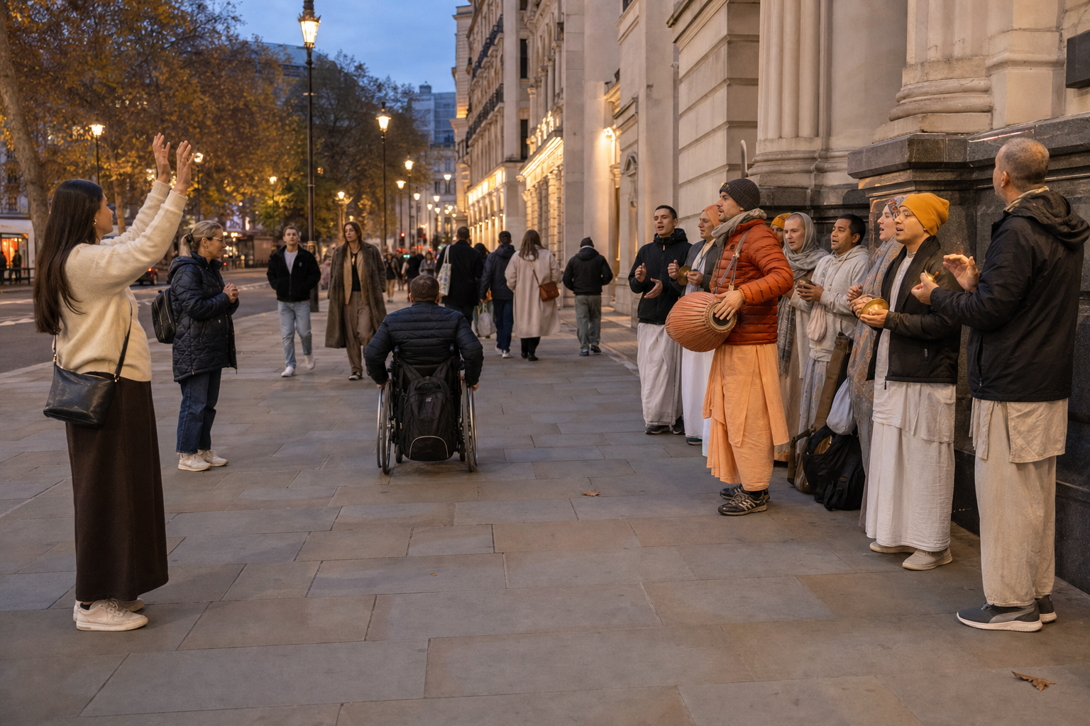 Kirtan singers gather along one side of a wide West End pavement while visitors remain at the edge and other pedestrians use a clear path beside them.