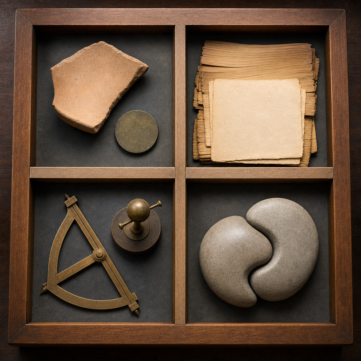 Four divided compartments hold an artifact, blank manuscript leaves, scientific instruments, and interlocking stone forms.
