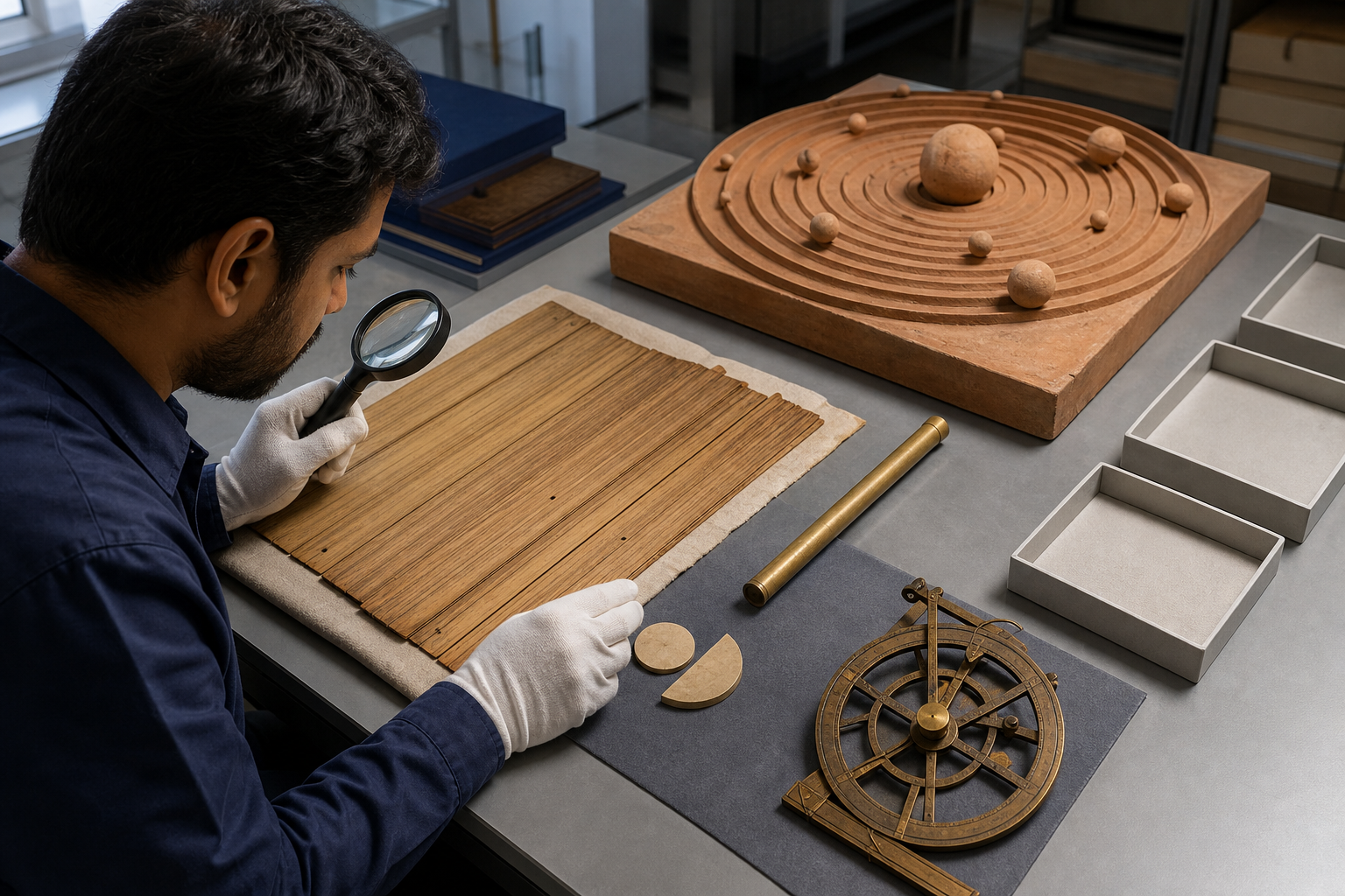 A gloved researcher compares a palm-leaf manuscript, measuring tools, geometric pieces, and an astronomical instrument at an evidence-review table.