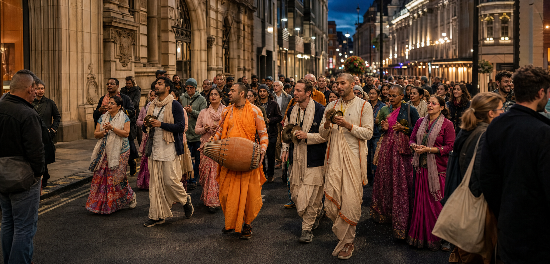 A Vaishnava kirtan procession carrying drums and cymbals moves among pedestrians and historic buildings in London's West End at early evening.