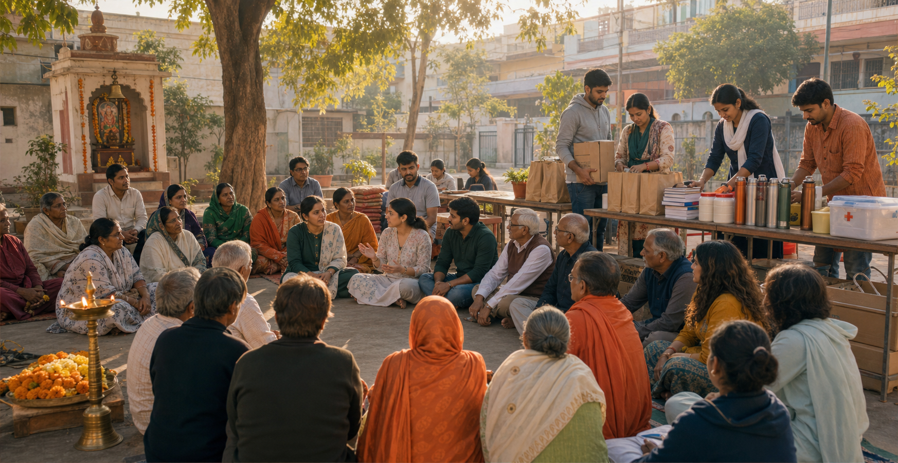 Indian residents of different ages gather in a courtyard while volunteers organize food parcels, books and community supplies.