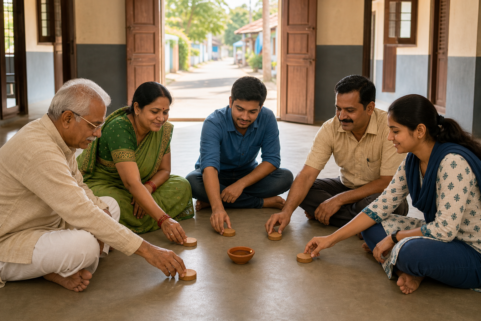 Five community members sit in an open circle and place wooden tokens beside a clay lamp as others observe.