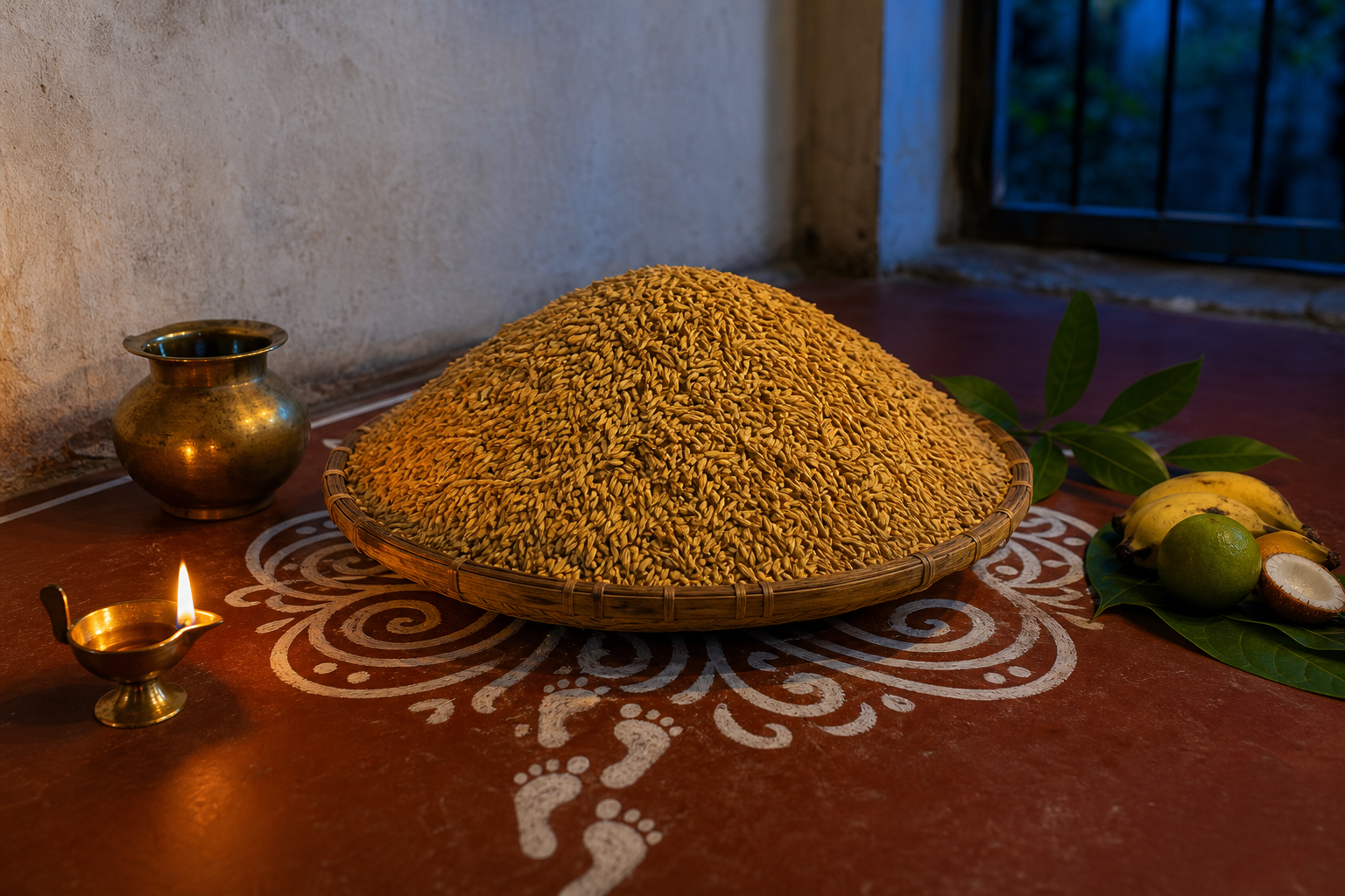 A mound of golden paddy in a bamboo kulo forms the center of a Bengali Lakshmi altar with a brass lamp, fruit, leaves, and white alpana on a red floor.