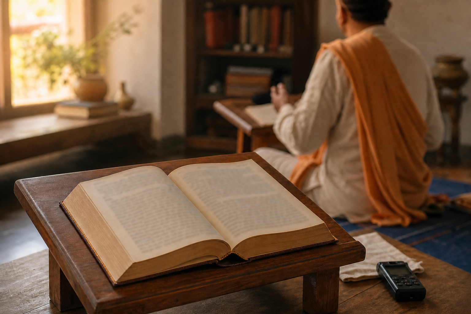 Open Bhagavad Gita in a quiet temple study with an anonymous Vaishnava teacher seated at a lectern in the background