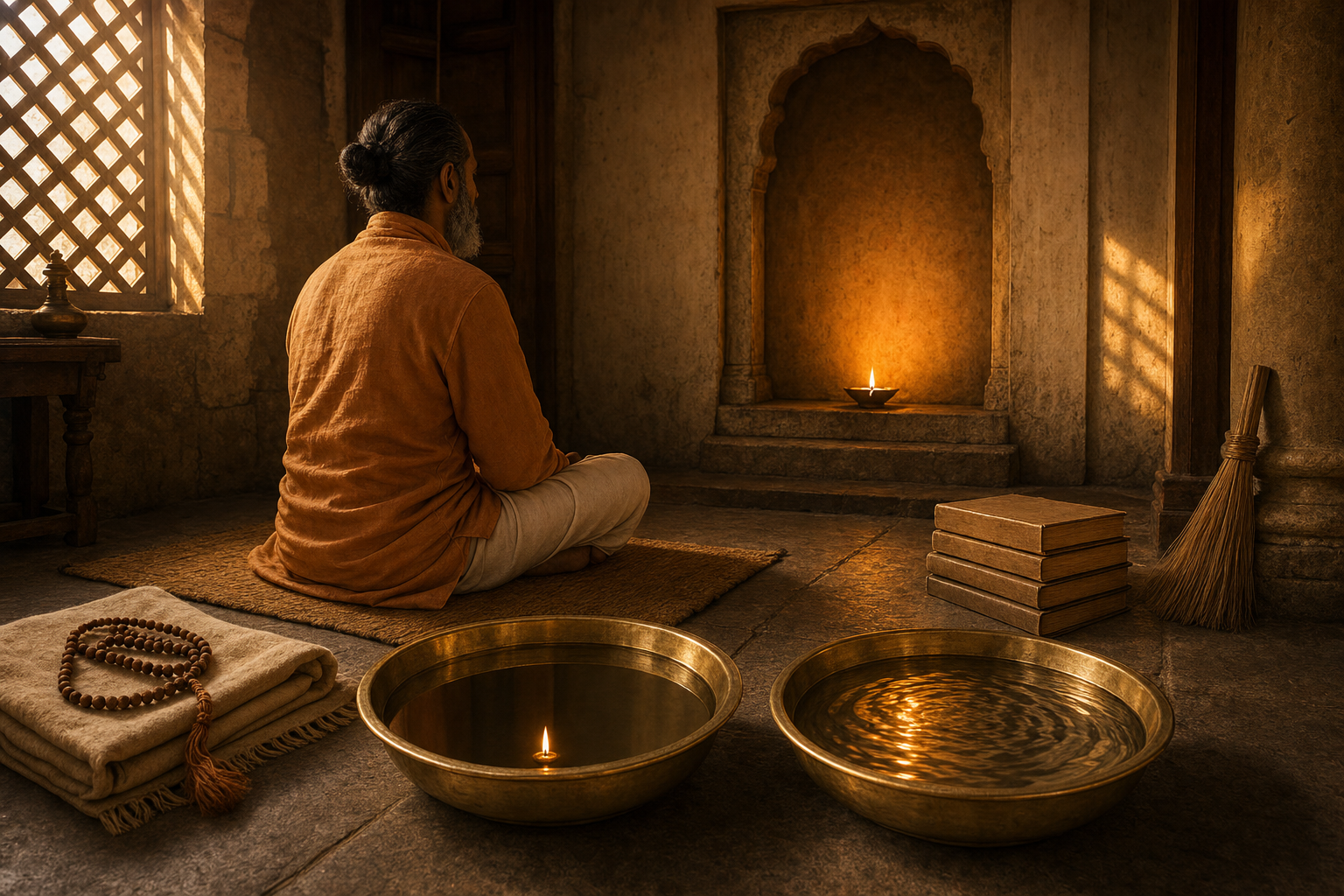 A practitioner meditates in a dawn-lit shrine room beside two brass bowls, one reflecting an oil lamp clearly and the other distorting it with ripples.
