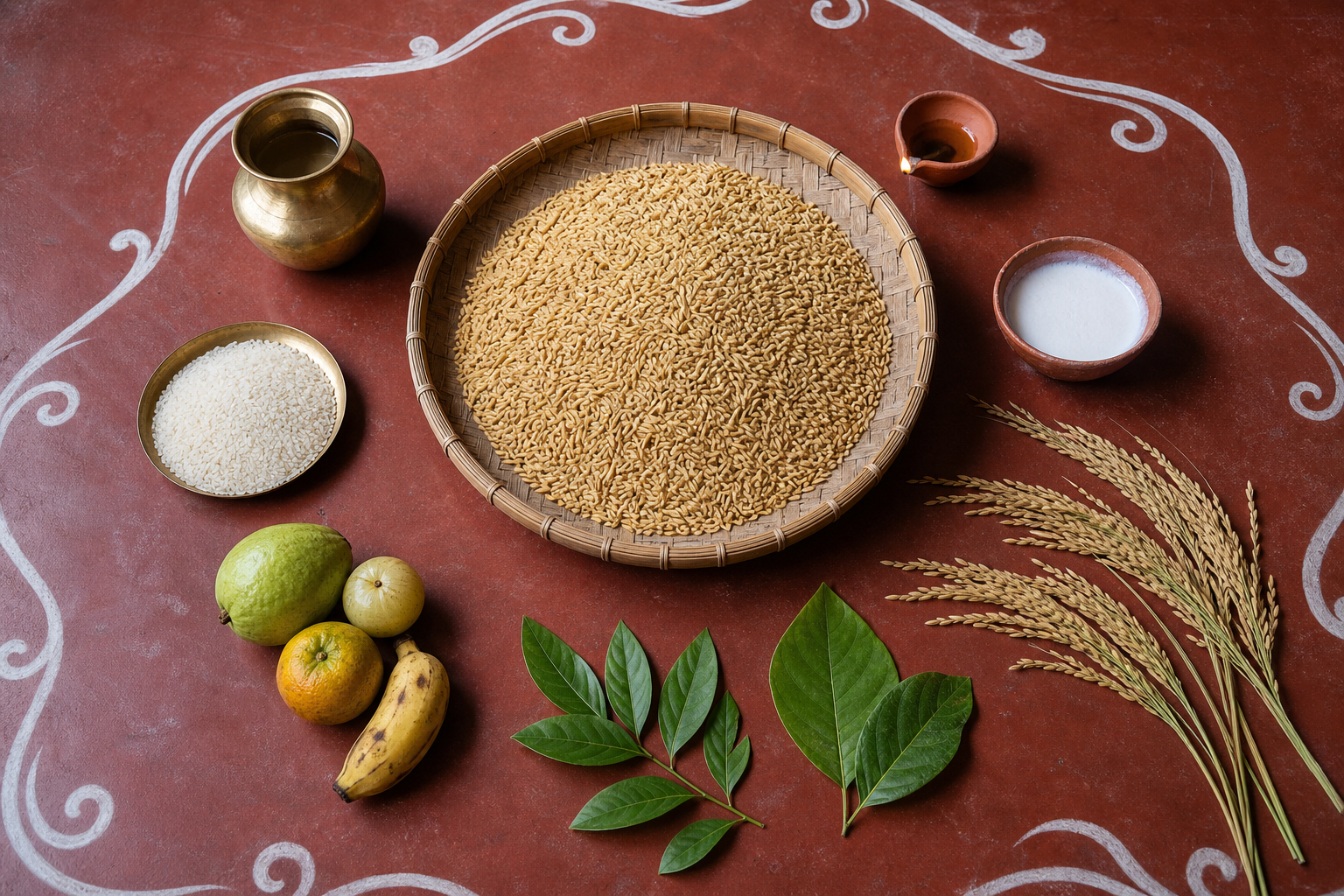 An overhead arrangement shows paddy and rice in a bamboo kulo with rice stalks, a brass vessel, clay lamp, fruit, leaves, and rice paste on a red floor.