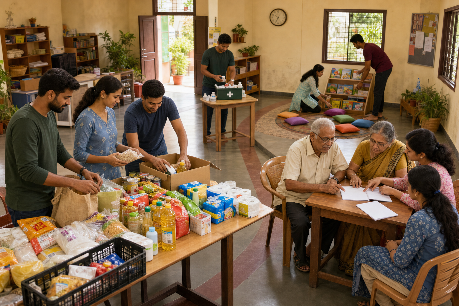 Volunteers in an Indian community centre sort supplies, assist an older couple and prepare a reading area.