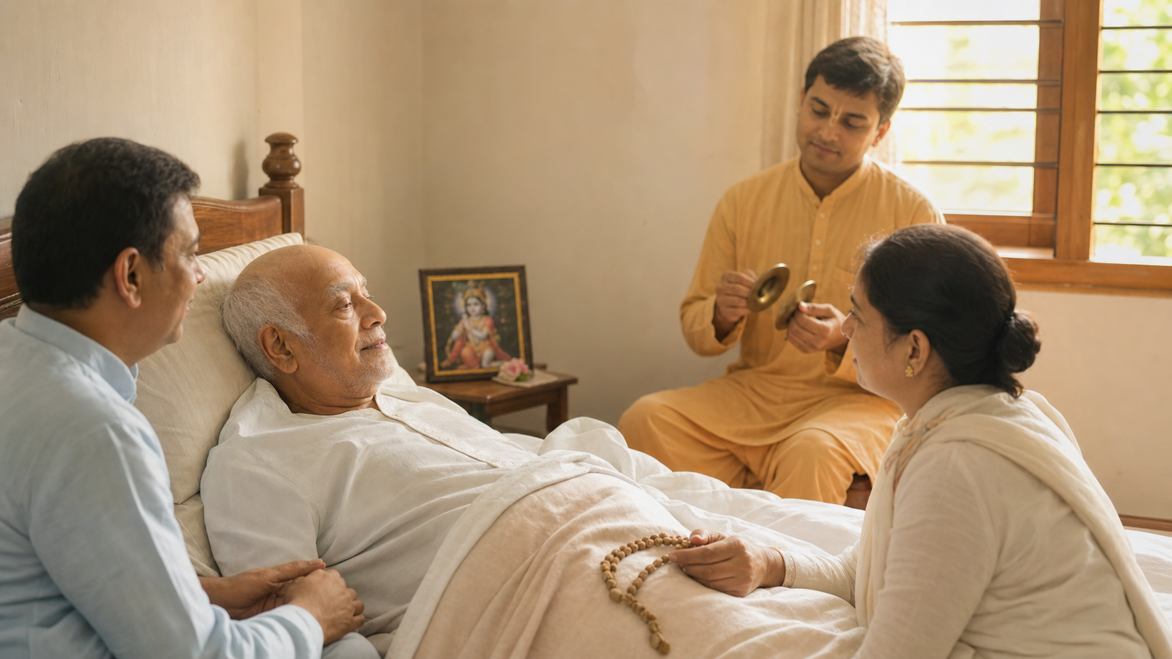 An elderly Vaishnava rests in bed while family members and a devotee sit nearby with tulasi beads and small hand cymbals in a calm devotional setting.
