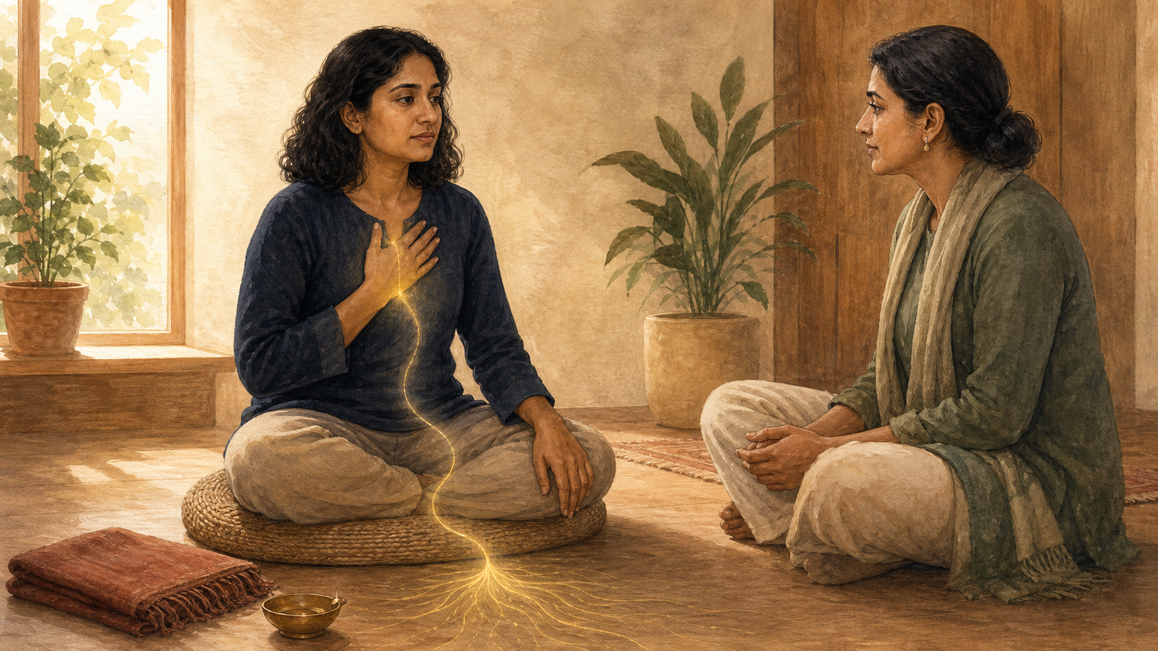 A seated adult practices grounding beside an attentive therapist in a warm room with a brass lamp, meditation shawl, and tulsi plant.