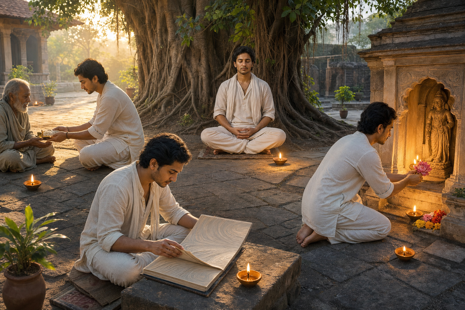 Four connected courtyard scenes show a practitioner serving food, meditating, studying, and offering a flower at a sacred alcove.