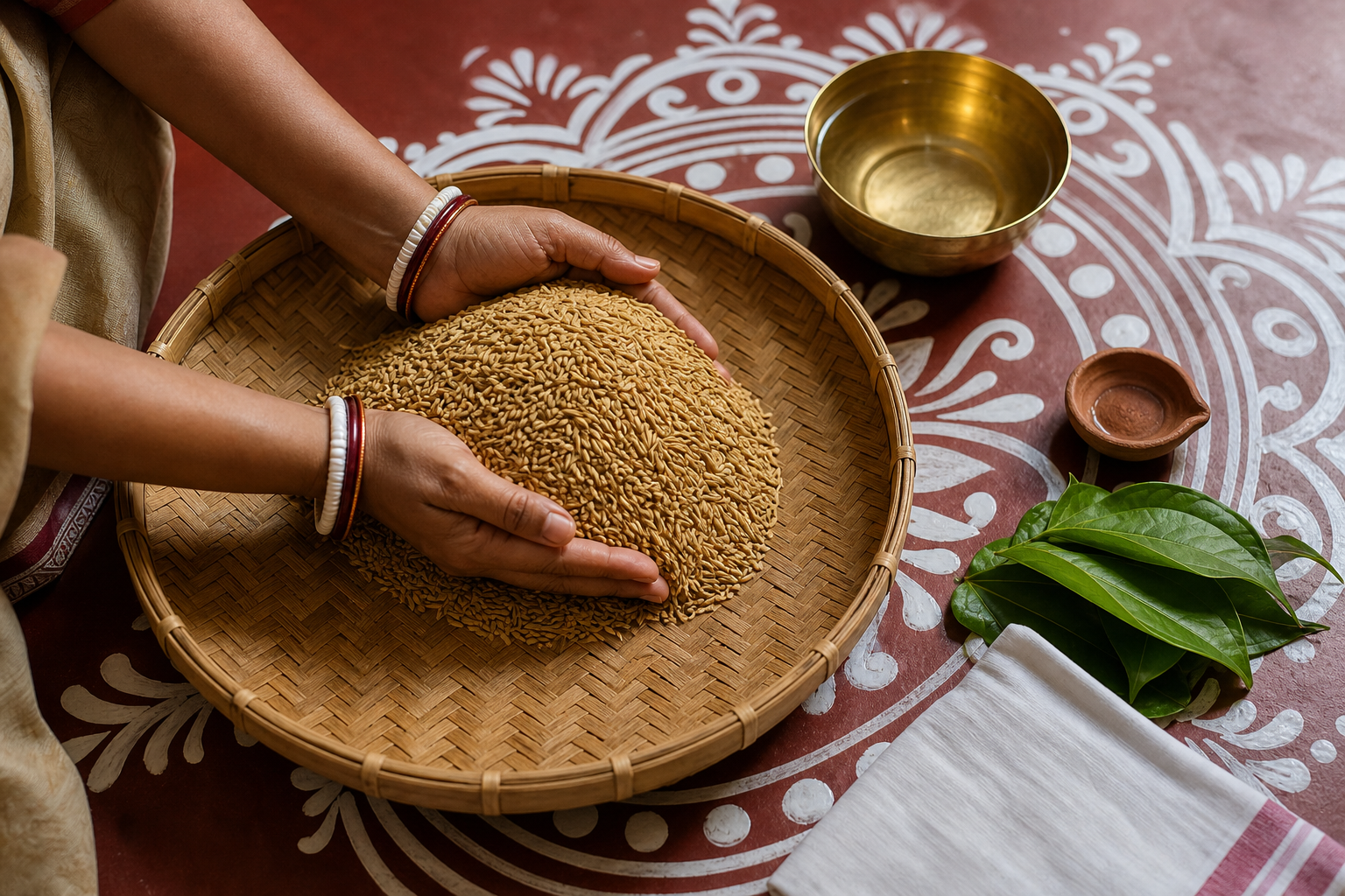 An adult's hands arrange golden paddy in a woven bamboo kulo over a white alpana beside a clay lamp, brass bowl, leaves, and cotton cloth.