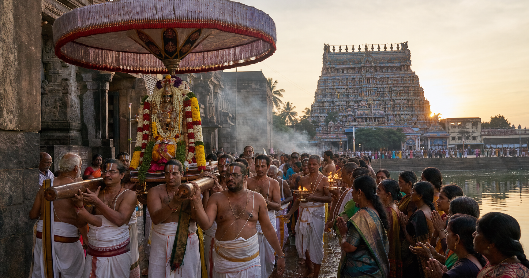 A flower-garlanded bronze processional deity is carried by priests and temple bearers toward a sacred tank as pilgrims gather near a Dravidian temple gateway at sunrise.