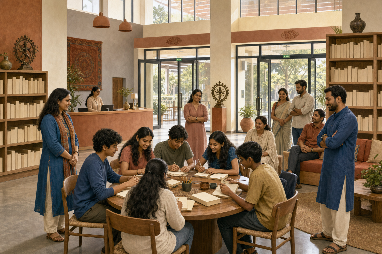Adults supervise teenagers working together at a round table in an open Indian community library.