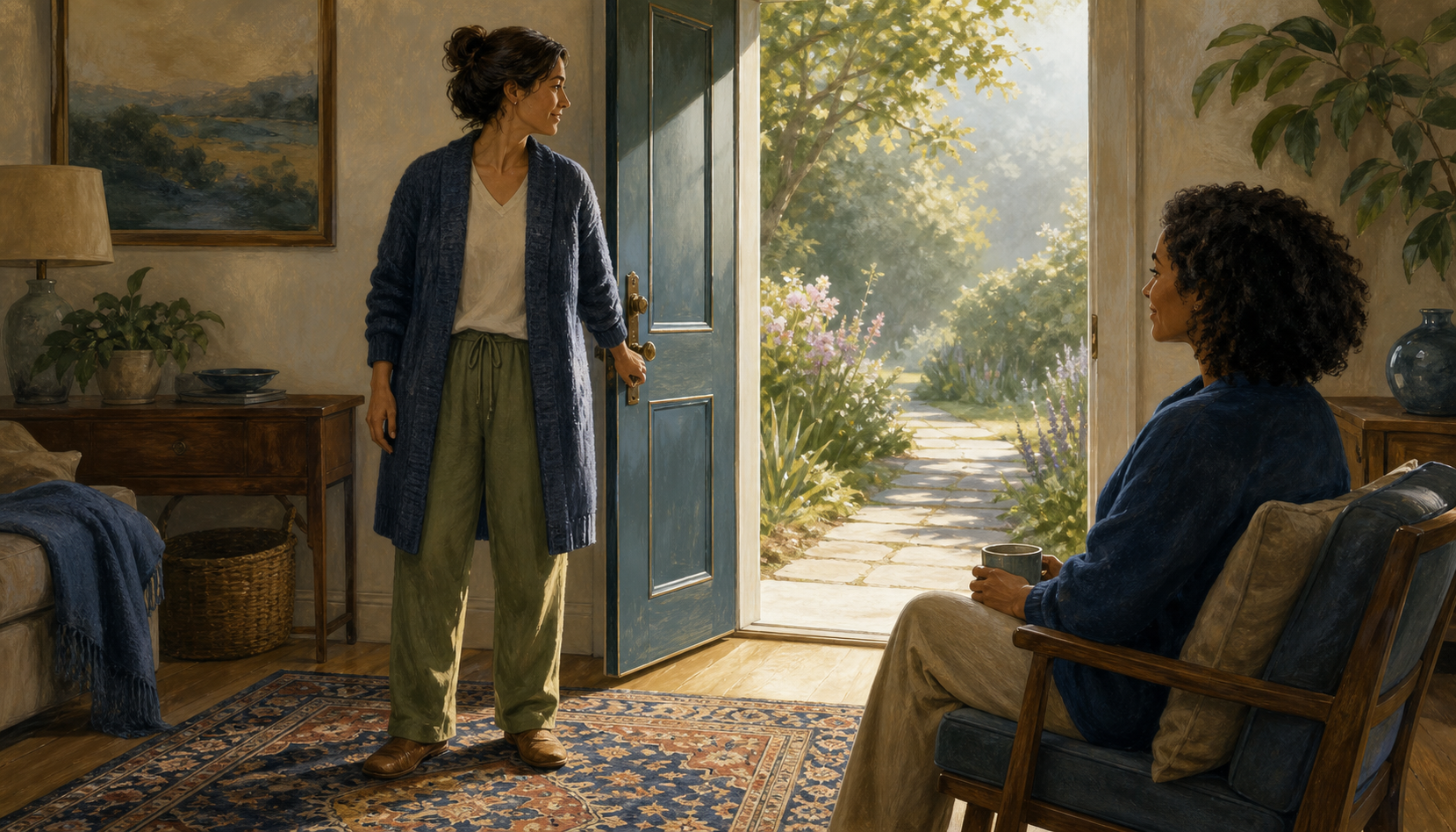An adult stands with both feet on a rug near an open doorway while a trusted person waits at a respectful distance beside a quiet garden.