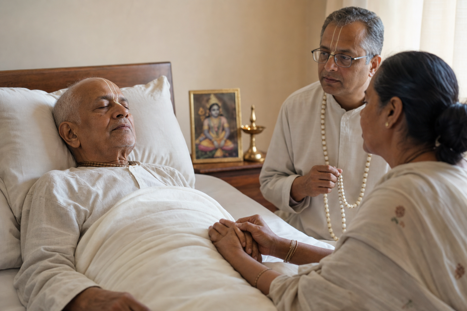 A family member holds an elderly devotee's hand as another person chants quietly beside the uncluttered bed.