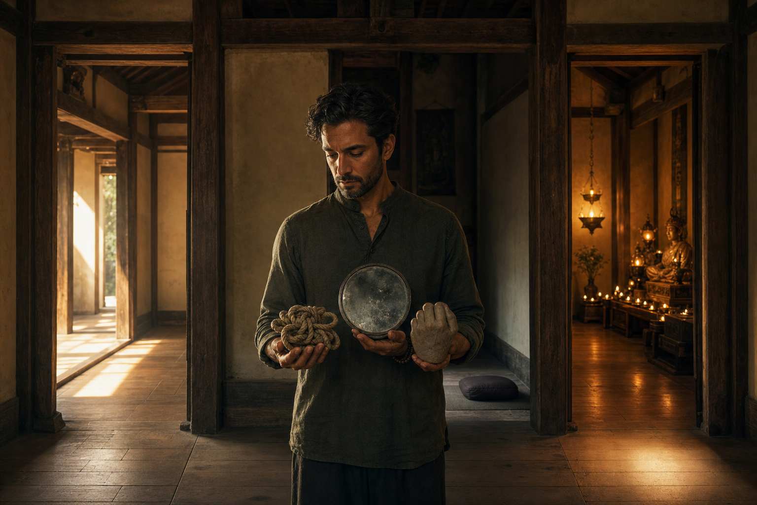 A seeker in a quiet hall considers three illuminated paths while holding symbolic objects representing different inner obstacles.