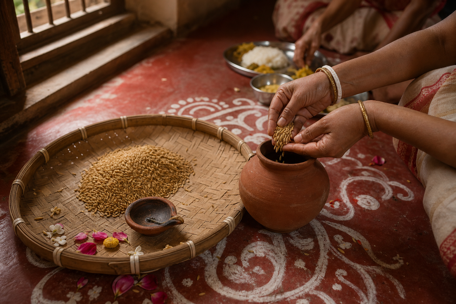 Hands transfer paddy from a bamboo kulo into an earthen grain jar while an extinguished lamp remains near the alpana and a rice meal is set in the background.