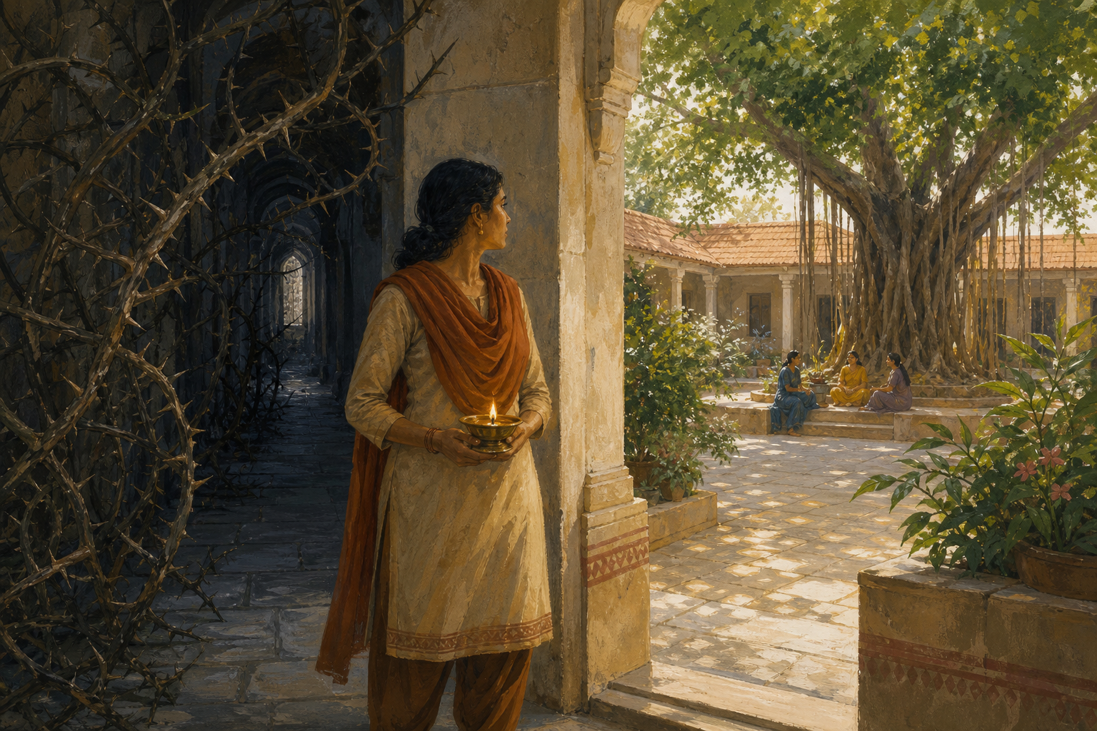 An adult holding a brass oil lamp chooses a sunlit courtyard path leading toward supportive people and a banyan tree instead of a dark thorn-lined passage.