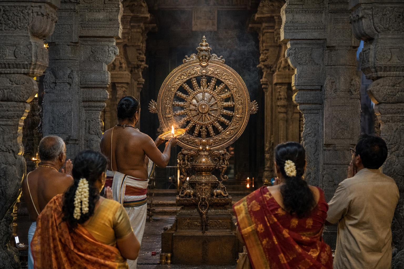 A priest offers a flame before an ornate bronze Sudarshana chakra emblem inside a lamp-lit stone temple hall while pilgrims pray behind him.