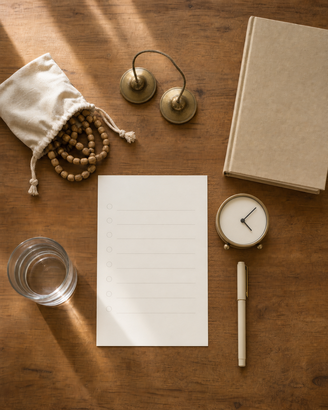 A blank planning sheet lies beside a pen, tulasi beads, hand cymbals, a closed book, water, and a clock on a wooden table.