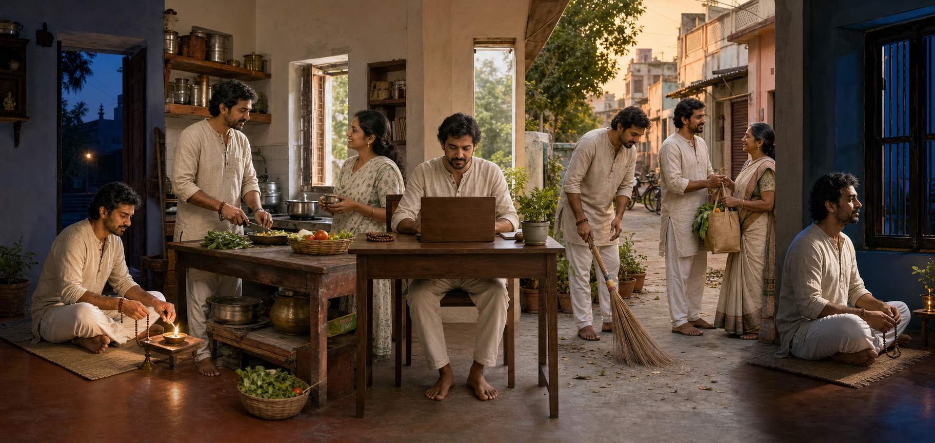 A continuous panorama shows one practitioner meditating, caring for family, working, serving a neighbor, and reflecting at night.