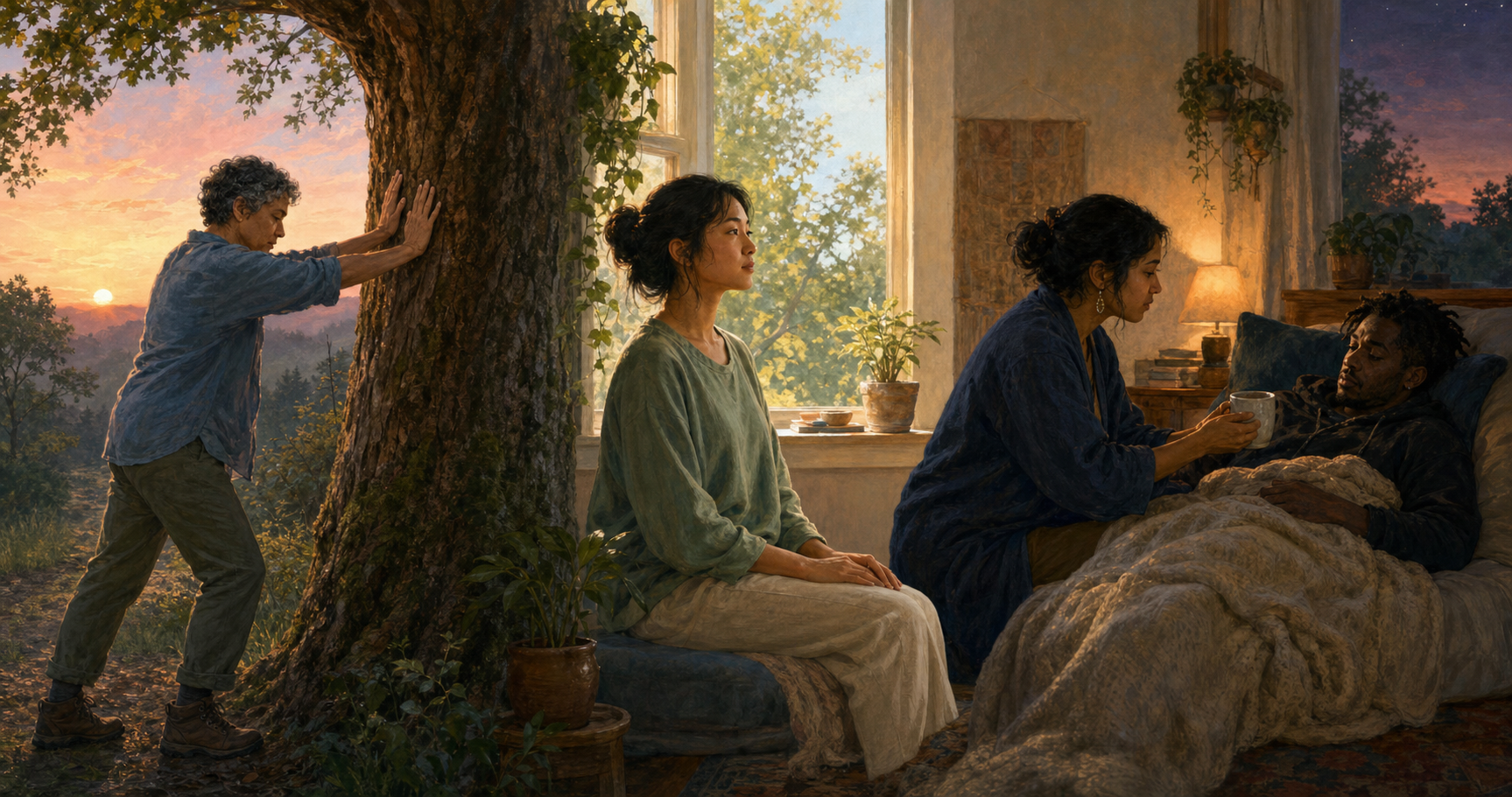 Three adults use different forms of support: grounding against a tree, breathing gently by a window, and resting under a blanket beside a quiet companion.