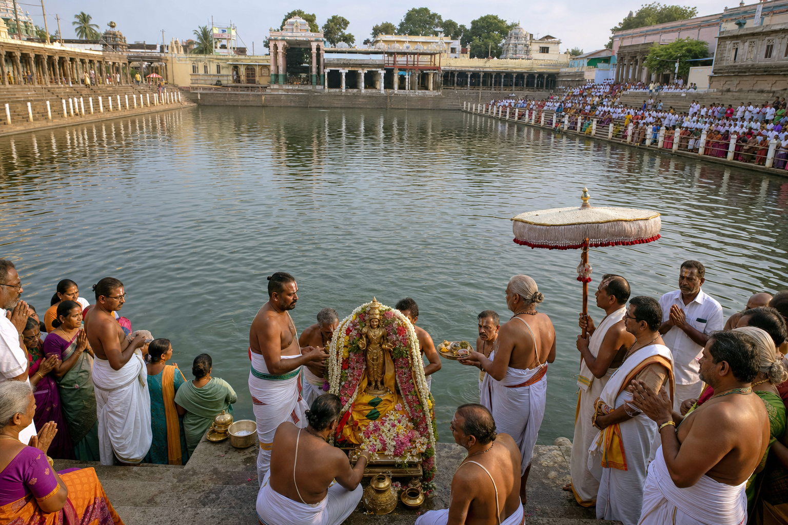 Priests immerse a garlanded bronze festival deity at the edge of a sacred tank while pilgrims watch from the surrounding stone steps.