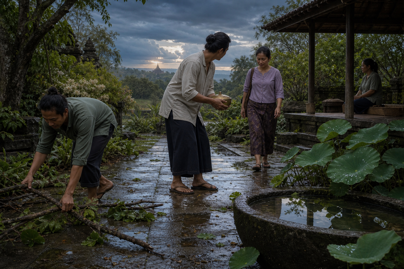 After a rainstorm, a practitioner clears a garden path and carries food toward a seated person as a stone basin reflects the clearing sky.