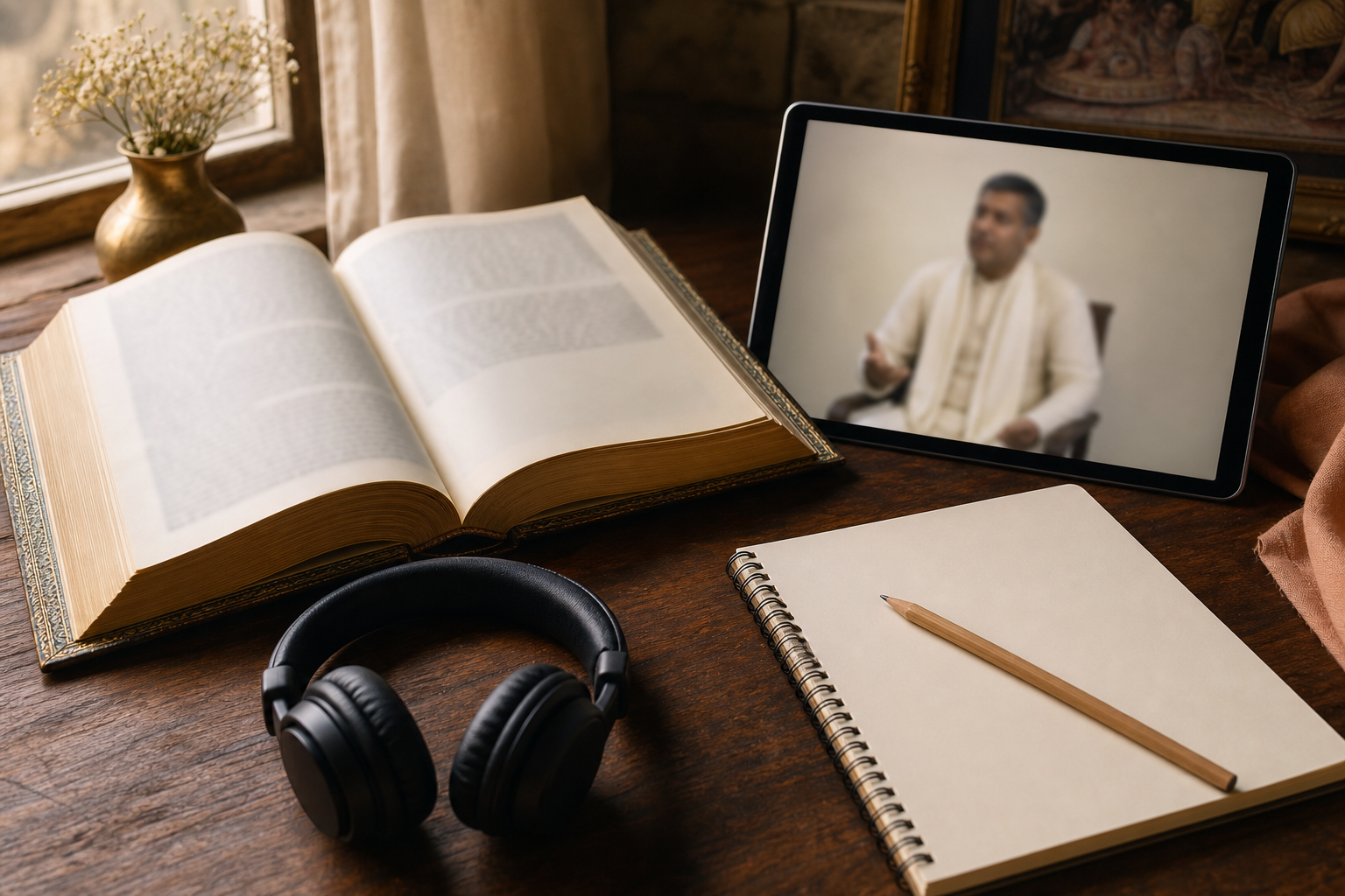 Open sacred book, headphones, tablet lecture, and blank notebook arranged on a warmly lit wooden desk.