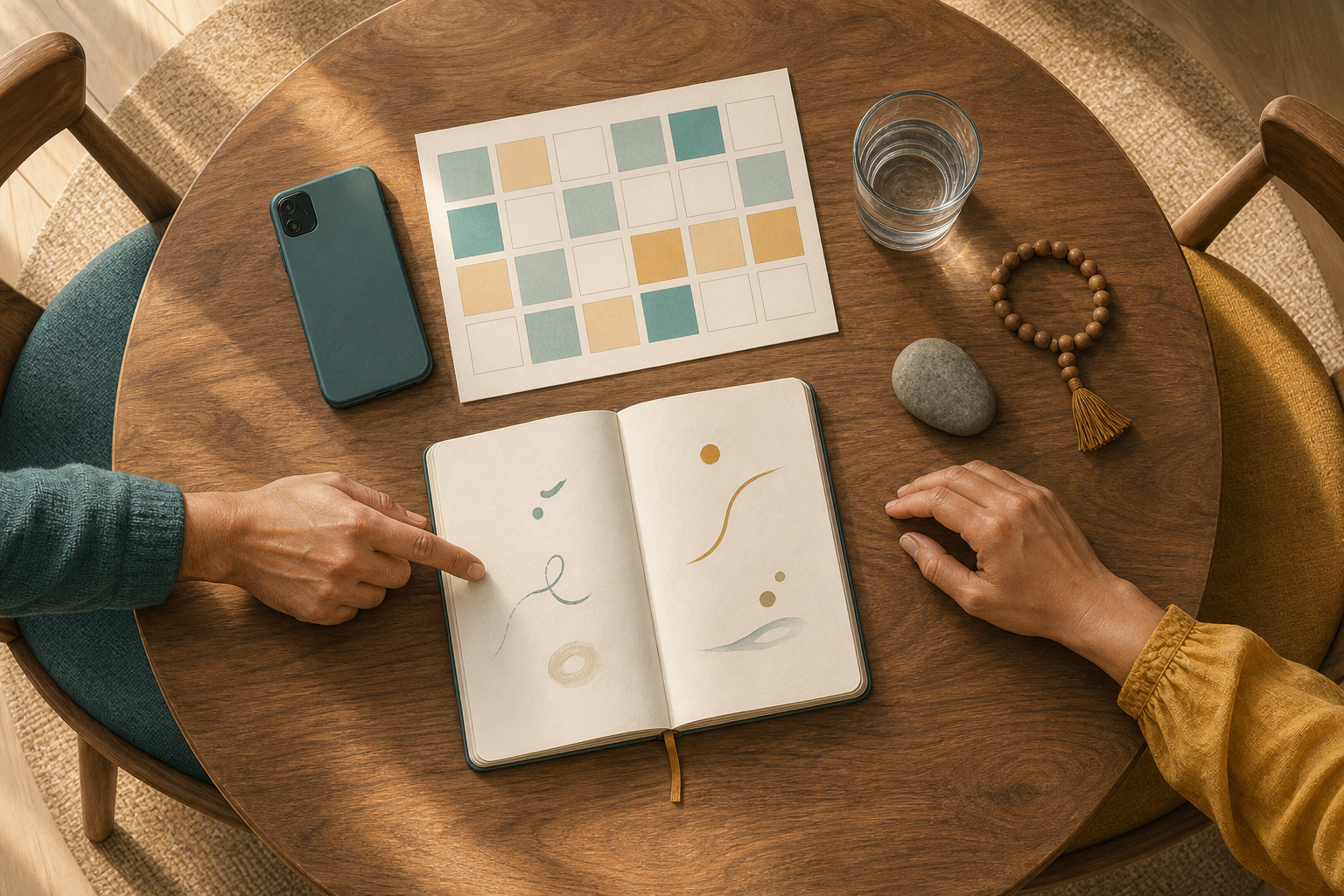 Two people review an open notebook at a wooden table arranged with a blank calendar, water, meditation beads, a phone, and a grounding stone.
