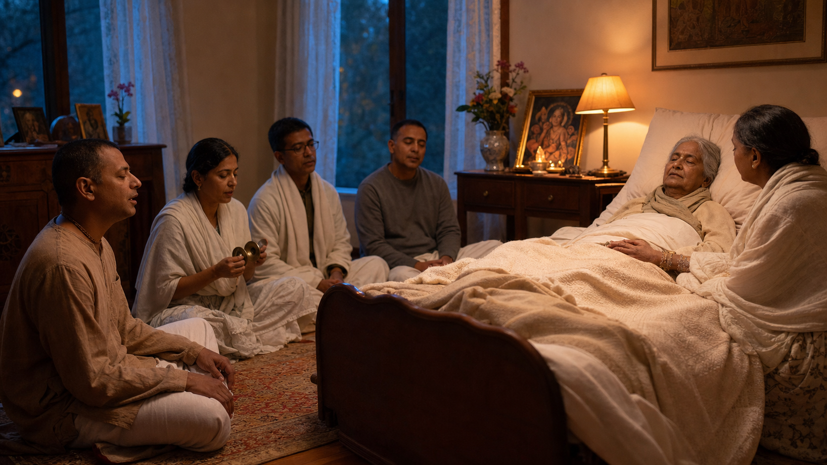 Four relatives and devotees conduct a gentle bedside kirtan while an elderly person rests and a close relative watches attentively.
