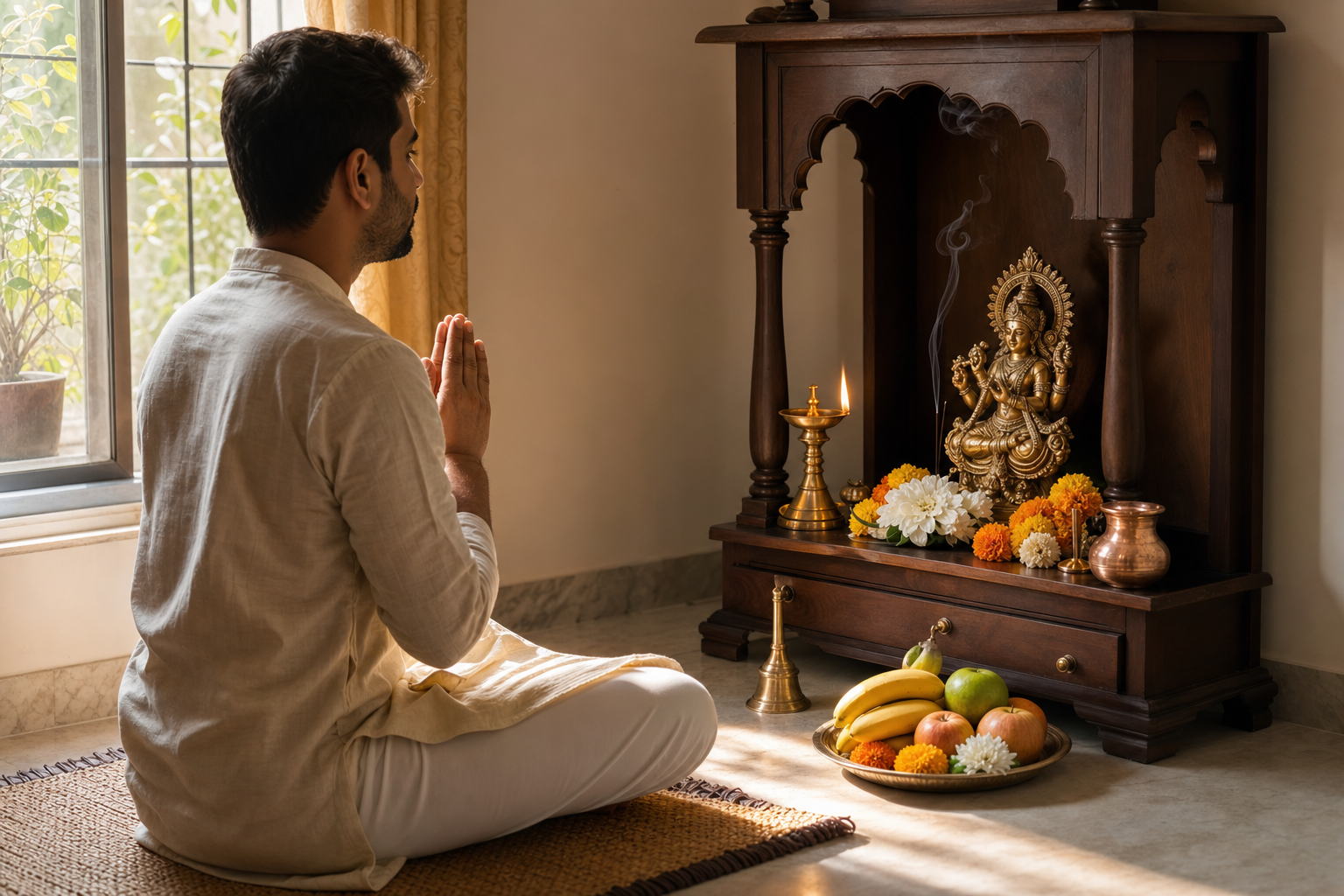 A devotee sits before a home shrine with joined hands, a brass deity murti, an oil lamp, flowers, incense, fruit, and a copper water vessel.