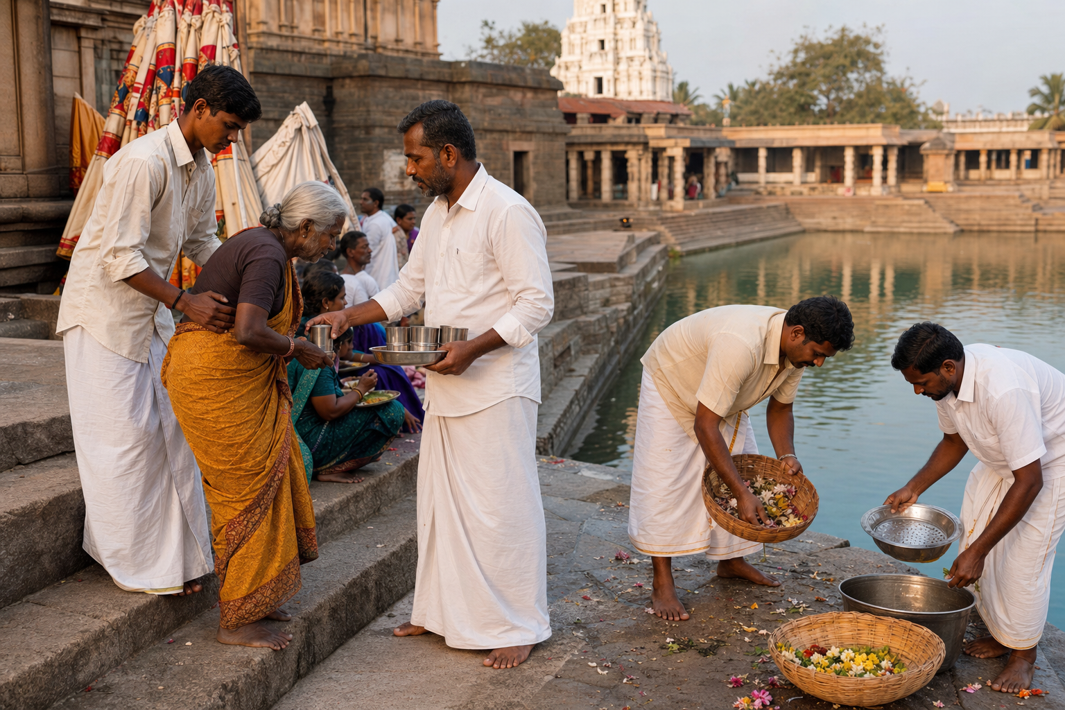 Volunteers serve water and prasadam, assist an elderly pilgrim, and tidy flower offerings on the stone steps beside a temple tank.