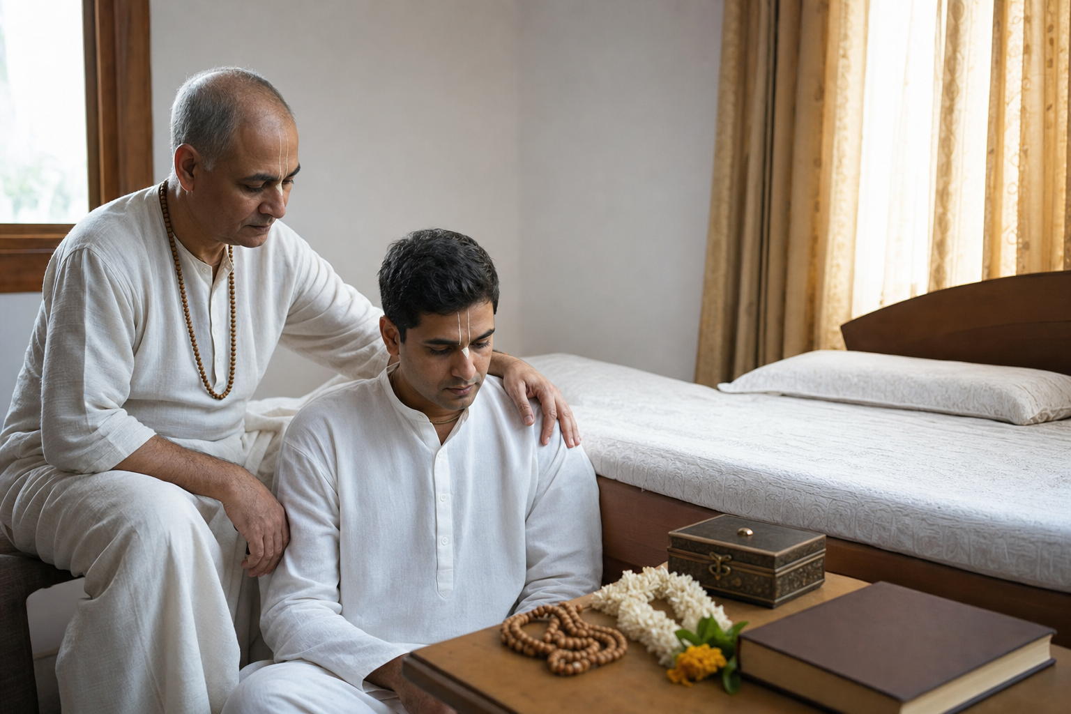 Family members sit together beside an empty bed, with tulasi beads, a closed devotional book, flowers, and a keepsake box nearby.