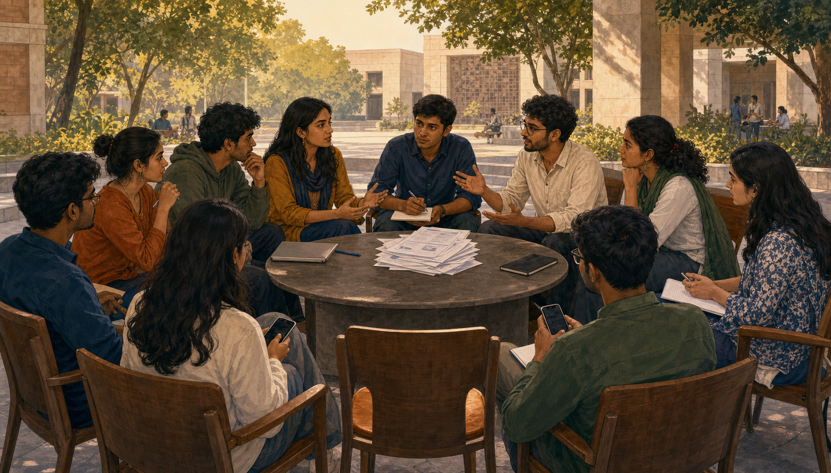 Young Indian adults with smartphones and notebooks hold a calm discussion around a round table in a campus courtyard.