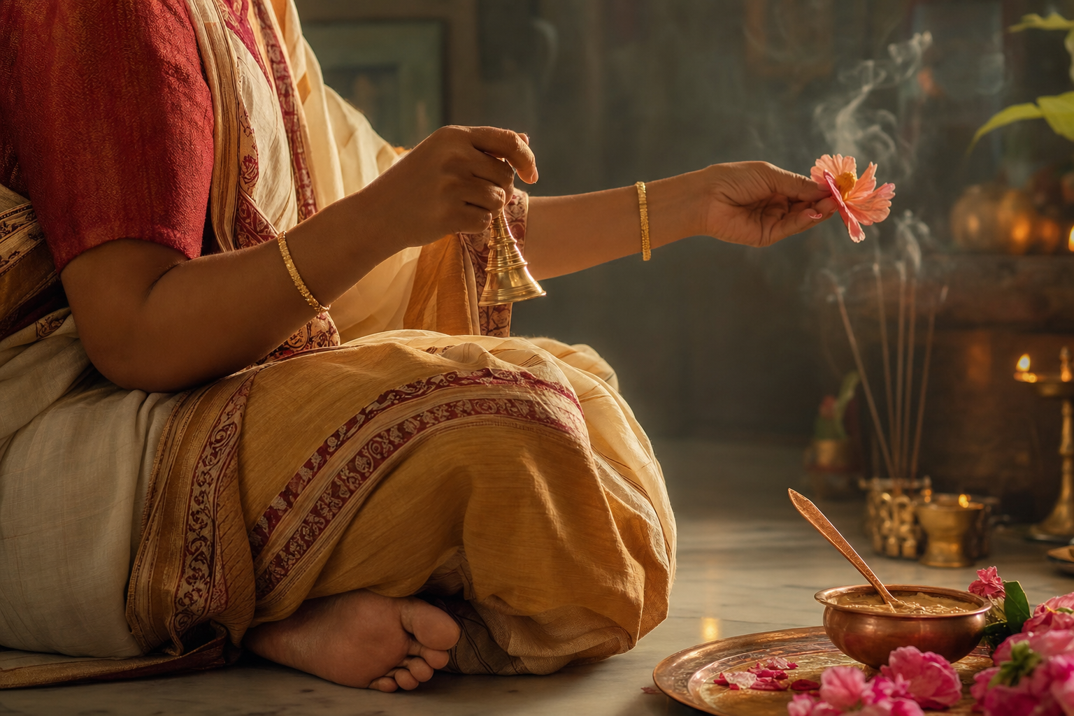 A seated devotee rings a brass bell and offers a flower as incense rises beside a lamp, sandalwood paste, and a copper spoon.