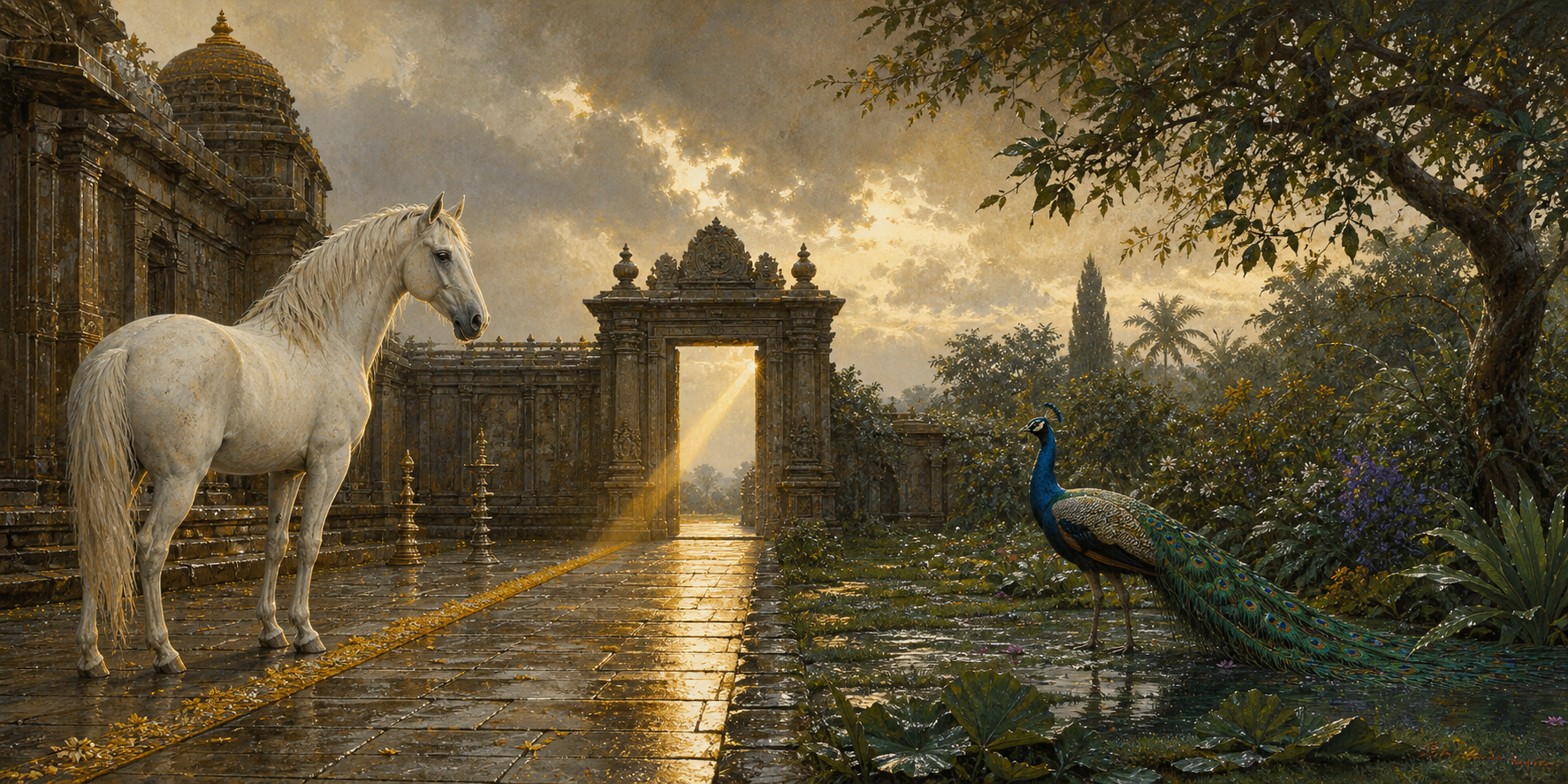 A white horse and a blue-green peacock stand on opposite sides of an ancient Indian temple courtyard illuminated by dawn light.