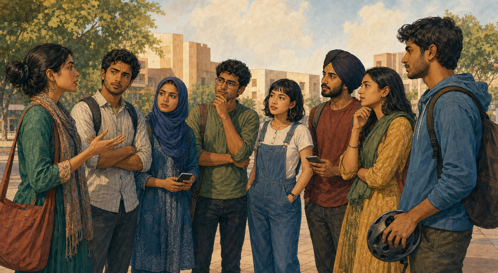 Eight young Indian adults with varied clothing and expressions stand together in a public plaza carrying phones, books, and everyday belongings.