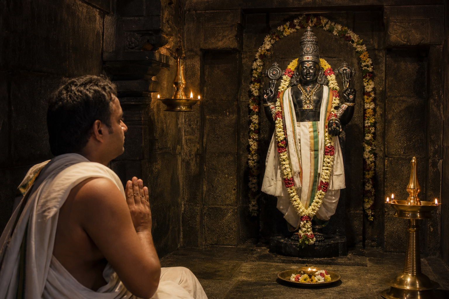 A devotee with joined hands faces a flower-adorned stone deity image illuminated by brass lamps in a temple sanctum.