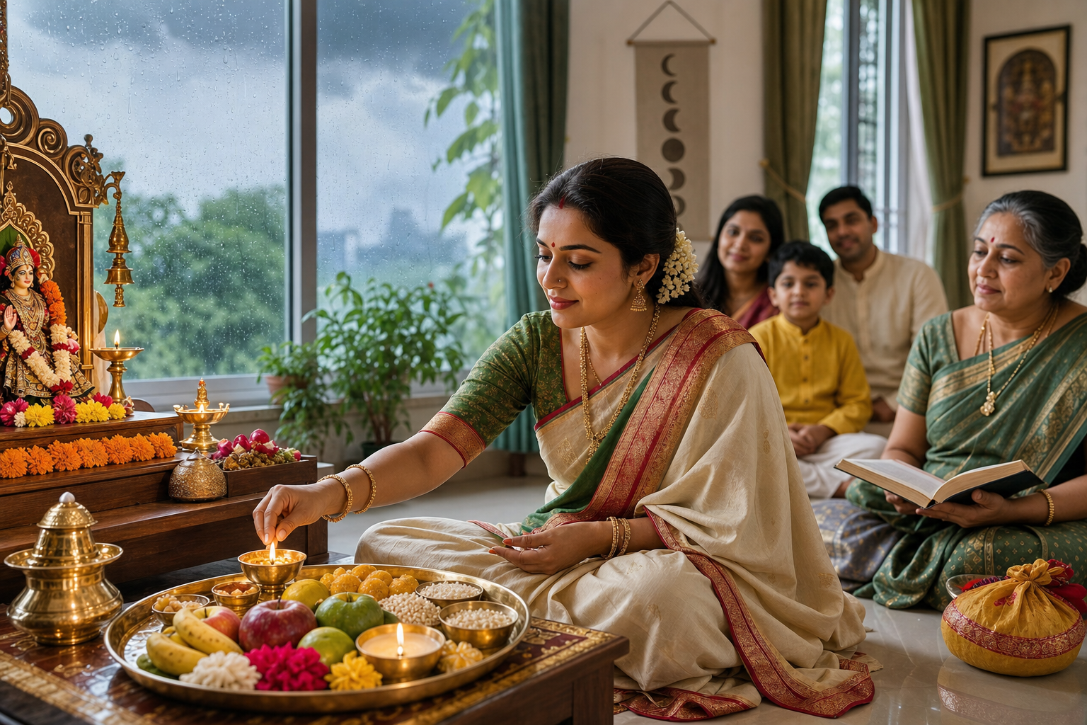 Gujarati family performing Evrat Jivrat Vrat puja during monsoon