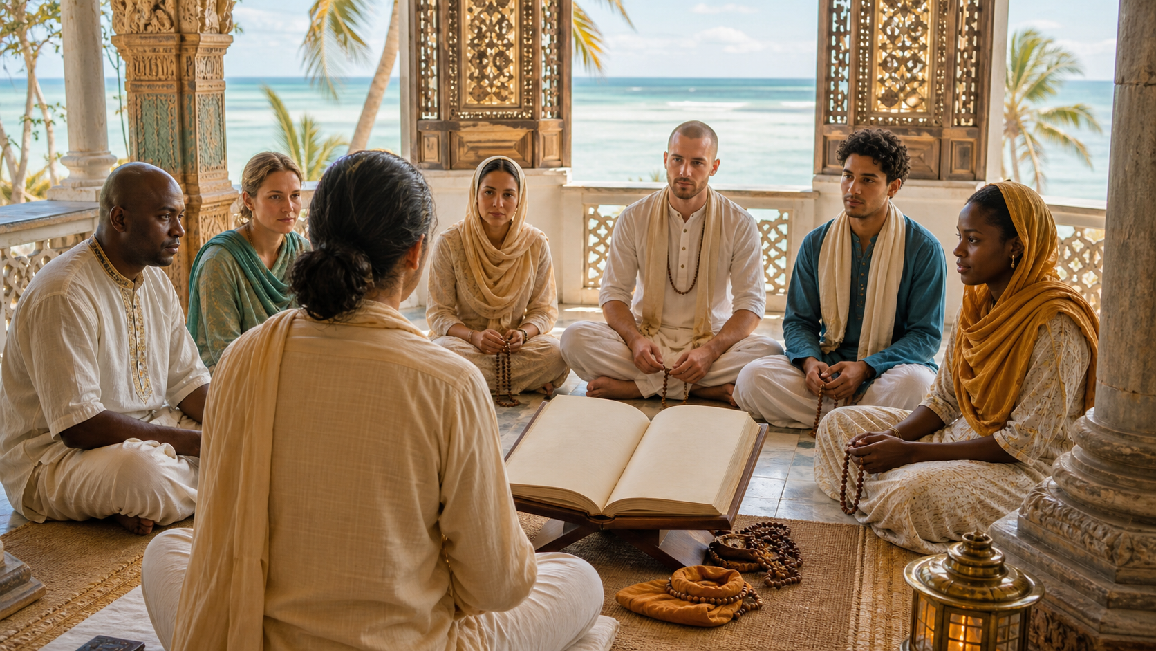 Diverse devotees study an open scripture with prayer beads in a sunlit coastal temple hall overlooking the Indian Ocean.