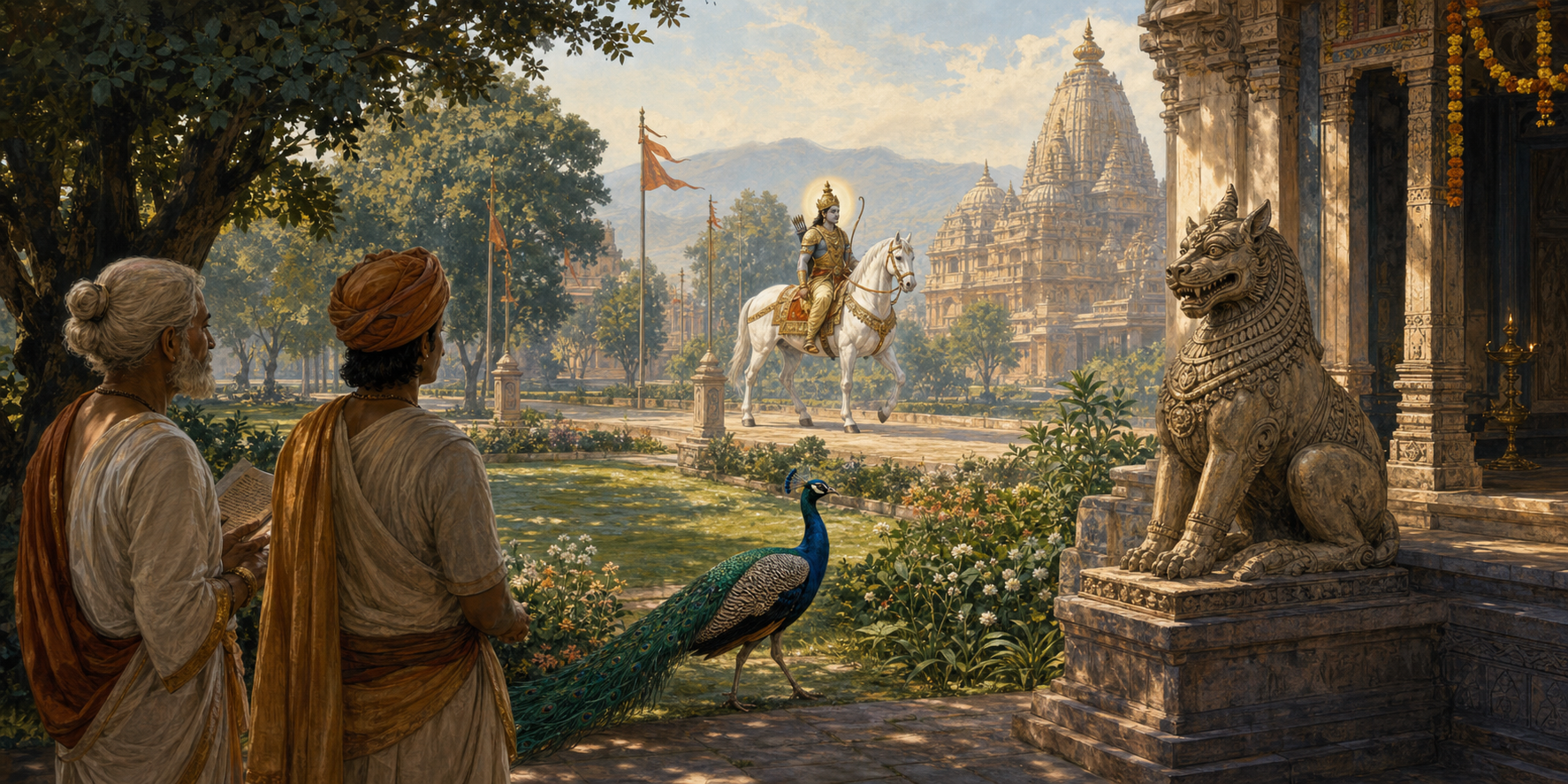 Observers look across a sacred landscape containing a living peacock, a mounted white horse, and a carved animal guardian in three different contexts.